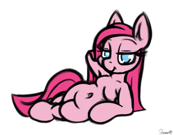 Size: 1280x998 | Tagged: safe, artist:ramott, pinkie pie, anthro, semi-anthro, g4, arm hooves, barbie doll anatomy, belly button, breasts, featureless breasts, female, pinkamena diane pie, simple background, sketch, solo, sultry pose, white background