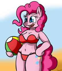 Size: 1280x1477 | Tagged: safe, artist:ramott, pinkie pie, earth pony, anthro, g4, beach ball, belly button, bikini, clothes, female, simple background, solo, swimsuit