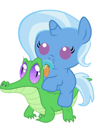 Size: 786x1017 | Tagged: safe, artist:red4567, gummy, trixie, pony, g4, baby, baby pony, baby trixie, cute, diatrixes, pacifier, ponies riding gators, recolor, riding, simple background, trixie riding gummy, weapons-grade cute