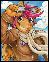 Size: 1024x1280 | Tagged: safe, artist:touchofsnow, scootaloo, anthro, g4, bomber jacket, clothes, female, goggles, grin, older, scarf, solo, traditional art, watermark