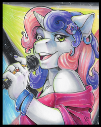 Size: 1024x1280 | Tagged: safe, artist:touchofsnow, sweetie belle, anthro, g4, female, microphone, older, singin' in the rain, singing, solo, spotlight, traditional art, watermark