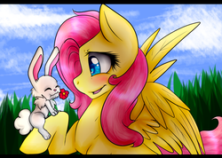 Size: 1024x731 | Tagged: safe, artist:felix-tamaki, fluttershy, rabbit, g4, blushing, female, flower, solo