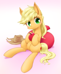 Size: 846x1020 | Tagged: safe, artist:hashioaryut, applejack, earth pony, pony, g4, apple, blushing, cushion, cute, eye clipping through hair, female, food, head tilt, jackabetes, looking at you, loose hair, mare, pixiv, sitting, smiling, solo