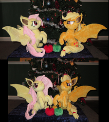 Size: 739x823 | Tagged: safe, artist:drachefrau, applejack, fluttershy, bat pony, pony, g4, apple, applebat, flutterbat, food, irl, photo, plushie, spread wings