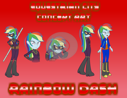 Size: 782x606 | Tagged: safe, artist:darktailsko, rainbow dash, equestria girls, g4, blind, blind rainbow dash, clothes, costume, crossover, crystal prep shadowbolts, daredevil, equestrian city, female, reference sheet, shadowbolt dash, shadowbolts, shadowbolts costume, solo, superhero, swirly eyes