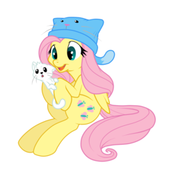 Size: 2000x2061 | Tagged: safe, artist:celipelin, artist:dfectivedvice, fluttershy, cat, g4, female, hat, high res, simple background, sitting, solo, transparent background