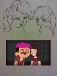 Size: 2448x3264 | Tagged: safe, artist:fluttair, pinkie pie, rainbow dash, g4, fatal frame, high res, markiplier, monochrome, sketch