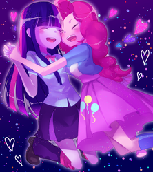 Size: 800x900 | Tagged: safe, artist:weiliy, pinkie pie, twilight sparkle, equestria girls, g4, female, holding hands, humanized, lesbian, ship:twinkie, shipping, smiling, xd