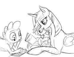 Size: 792x612 | Tagged: safe, artist:silfoe, spike, twilight sparkle, alicorn, pony, g4, book, female, grayscale, magical lesbian spawn, mama twilight, mare, monochrome, offspring, parent:princess luna, parent:twilight sparkle, parents:twiluna, prone, sketch, twilight sparkle (alicorn)