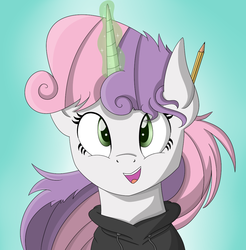 Size: 1000x1015 | Tagged: safe, artist:vanillaghosties, sweetie belle, g4, clothes, female, hoodie, magic, pencil, portrait, solo