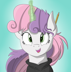 Size: 1000x1015 | Tagged: safe, artist:vanillaghosties, sweetie belle, pony, unicorn, g4, clothes, female, hoodie, horn, magic, pencil, portrait, solo