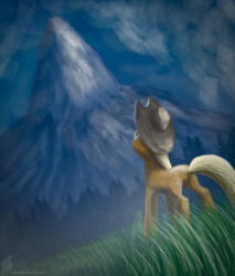 Size: 1811x2122 | Tagged: safe, artist:fody-zessel, applejack, g4, female, low angle, mountain, scenery, solo