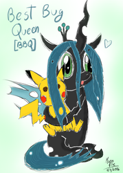 Size: 1086x1515 | Tagged: safe, queen chrysalis, pikachu, g4, crossover, cute, cutealis, derp, pokémon, requested art