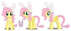 Size: 1280x566 | Tagged: safe, artist:flash equestria photography, fluttershy, oc, oc:cottontail, pony, ultimare universe, g4, alternate design, alternate universe, clothes, cutie mark, female, hoodie, mare, show accurate, simple background, solo, turnaround, white background