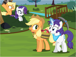 Size: 1198x900 | Tagged: safe, artist:flash equestria photography, applejack, rarity, oc, oc:ivory, oc:sparkling cider, earth pony, pony, unicorn, ultimare universe, g4, alternate universe, female, imminent violence, jealous, lesbian, self paradox, self ponidox, ship:rarijack, shipping, this will end in violence