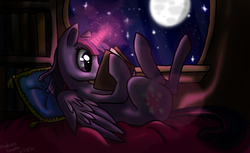 Size: 873x535 | Tagged: safe, artist:cinder42, twilight sparkle, alicorn, pony, g4, book, cute, female, glowing horn, horn, magic, mare, moon, night, on back, reading, solo, twiabetes, twilight sparkle (alicorn)