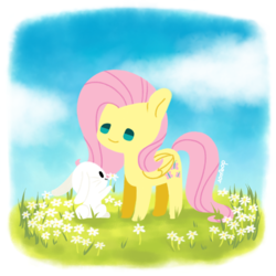 Size: 1400x1400 | Tagged: safe, artist:doqwor, angel bunny, fluttershy, g4, female, flower, smiling, solo