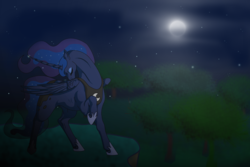 Size: 1500x1000 | Tagged: safe, artist:dragonixa2, princess luna, alicorn, pony, g4, eyes closed, female, mare, moon, night, preening, raised hoof, solo, stars, tree