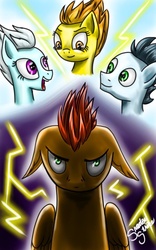 Size: 637x1022 | Tagged: safe, artist:shadow strike, fleetfoot, rapidfire, soarin', spitfire, oc, oc:rapidfire, pegasus, pony, fanfic:piercing the heavens, g4, angry, blue sky, dark, fanfic art, glare, lightning, revenge, shadowbolt colors, wonderbolts