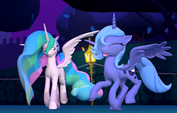 Size: 1600x1024 | Tagged: safe, artist:fourthfilly4th, princess celestia, princess luna, g4, 3d, happy, s1 luna, smiling, source filmmaker, spread wings