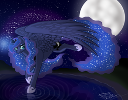 Size: 2560x2004 | Tagged: safe, artist:freiast, princess luna, g4, female, flying, high res, moon, night, ripple, solo, water
