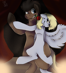 Size: 660x729 | Tagged: safe, artist:fursuiter189, derpy hooves, doctor whooves, time turner, pegasus, pony, g4, dancing, female, flower, flower in mouth, male, mare, mouth hold, rose, ship:doctorderpy, shipping, straight, tango