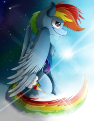 Size: 2936x3776 | Tagged: safe, artist:galaxycartoons, rainbow dash, g4, cloud, female, high res, lens flare, nose wrinkle, sitting, solo, sunrise