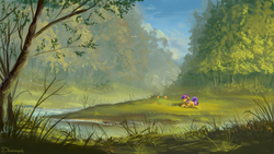 Size: 1920x1080 | Tagged: dead source, safe, artist:shamanguli, oc, oc only, oc:lavender harmony, butterfly, earth pony, pony, g4, cottagecore, cute, eating, female, floppy ears, flower, forest, grass, grazing, horses doing horse things, looking at something, mare, nature, ocbetes, prone, puffy cheeks, river, scenery, smiling, solo, tree, water