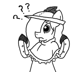 Size: 640x600 | Tagged: safe, artist:ficficponyfic, oc, oc only, oc:emerald jewel, colt quest, colt, confused, crossdressing, cyoa, explicit source, femboy, foal, male, monochrome, question mark, story included, trap, worried