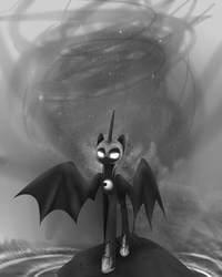 Size: 3000x3750 | Tagged: safe, artist:lauramint, nightmare moon, g4, female, glowing eyes, grayscale, high res, monochrome, solo, spread wings