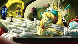 Size: 1920x1080 | Tagged: safe, artist:pimander1446, discord, princess celestia, oc, oc:alice goldenfeather, oc:squeaky pitch, g4, chess