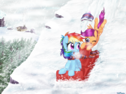 Size: 2000x1500 | Tagged: safe, artist:finalaspex, rainbow dash, scootaloo, pegasus, pony, g4, cute, cutealoo, female, filly, foal, folded wings, hat, looking at each other, looking at someone, mare, one eye closed, open mouth, open smile, scootalove, signature, sled, sledding, smiling, snow, spread wings, wings, winter