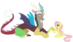 Size: 736x422 | Tagged: safe, artist:squipycheetah, discord, fluttershy, g4, female, fist bump, hoofbump, male, ship:discoshy, shipping, straight