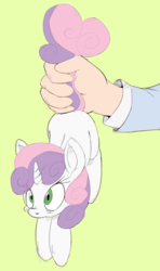 Size: 593x1000 | Tagged: safe, artist:merlos the mad, artist:purple-yoshi-draws, sweetie belle, human, pony, unicorn, g4, blushing, cute, diasweetes, fluffy, hand, holding a pony, suspended, tail hold, tail pull, wide eyes