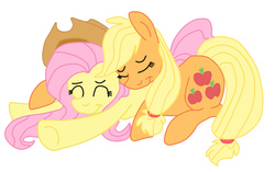 Size: 800x501 | Tagged: safe, artist:squipycheetah, applejack, fluttershy, earth pony, pegasus, pony, g4, accessory swap, applejack's hat, cowboy hat, female, hat, lesbian, mare, ship:appleshy, shipping, simple background, sleeping, sleeping together, white background