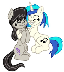 Size: 352x397 | Tagged: artist needed, safe, dj pon-3, octavia melody, vinyl scratch, g4, backwards cutie mark, eyes closed, female, hug, lesbian, ship:scratchtavia, shipping