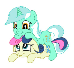 Size: 649x600 | Tagged: source needed, useless source url, safe, artist:squipycheetah, bon bon, lyra heartstrings, sweetie drops, earth pony, pony, unicorn, g4, adorabon, cute, eye contact, female, filly, floppy ears, foal, looking at each other, lyrabetes, pony pile, simple background, smiling, white background, younger
