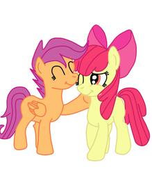 Size: 525x600 | Tagged: safe, apple bloom, scootaloo, g4, eyes closed, female, folded wings, lesbian, nuzzling, one eye closed, ship:scootabloom, shipping