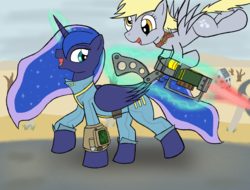 Size: 2048x1556 | Tagged: safe, artist:wingcommanderrudoji, derpy hooves, princess luna, alicorn, pegasus, pony, g4, clothes, crossover, cutie mark, dead tree, energy weapon, fallout, fallout 4, female, flying, glowing horn, gun, hooves, horn, jumpsuit, laser rifle, levitation, magic, mare, open mouth, outdoors, pipboy, spread wings, telekinesis, tree, vault suit, wasteland, weapon, wings