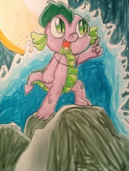 Size: 720x960 | Tagged: safe, artist:chiptunebrony, spike, g4, barb, comic cover, copic, excited, heroic posing, manga style, moon, night sky, open mouth, pointing, rock, rule 63, smiling, solo, standing, tidal wave, traditional art