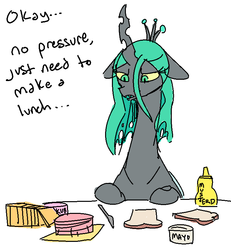 Size: 710x768 | Tagged: safe, artist:nobody, part of a set, queen chrysalis, g4, bread, bugmom, cheese, dialogue, female, food, kid anon, mayonnaise, mustard, sauce, simple background, skub, sliced cheese, solo, white background
