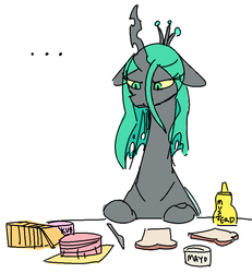 Size: 710x768 | Tagged: safe, artist:nobody, part of a set, queen chrysalis, g4, bread, bugmom, cheese, female, food, kid anon, knife, mayonnaise, mustard, sandwich, sauce, simple background, skub, sliced cheese, solo, white background