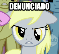 Size: 454x418 | Tagged: safe, amethyst star, derpy hooves, minuette, parasol, sparkler, pegasus, pony, g4, animated, denunciado, do not want, female, mare, spanish, taringa, translated in the comments