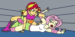 Size: 1024x502 | Tagged: safe, artist:avispaneitor, fluttershy, sunset shimmer, equestria girls, g4, clothes, equestria girls outfit, equestria girls wrestling series, midriff, sports bra, submission, submission hold, tank top, wrestling