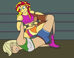 Size: 1010x792 | Tagged: safe, artist:avispaneitor, applejack, sunset shimmer, equestria girls, g4, belly button, clothes, equestria girls wrestling series, midriff, sports bra, submission, submission hold, wrestling, wrestling ring