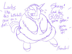 Size: 800x600 | Tagged: safe, artist:plaguedevil, shining armor, pony, unicorn, g4, bhm, fat, fat shaming, insult, male, monochrome, morbidly obese, obese, shining blubber, sketch, solo, stallion, teasing, text
