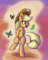 Size: 1000x1250 | Tagged: safe, artist:heir-of-rick, applejack, butterfly, pony, daily apple pony, g4, bipedal, cute, female, impossibly large ears, jackabetes, silly, silly pony, smiling, solo