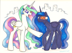 Size: 2307x1700 | Tagged: safe, artist:onnanoko, princess celestia, princess luna, alicorn, pony, g4, angry, bodysuit, crying, duo, fanfic art, future, lost to the sands, scanner, upset, yelling