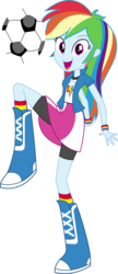 Size: 6184x14328 | Tagged: safe, artist:sugar-loop, rainbow dash, human, equestria girls, g4, .ai available, .svg available, absurd resolution, ball, boots, clothes, compression shorts, cute, dashabetes, female, football, kicking, looking at you, open mouth, open smile, rainbow socks, raised leg, shoes, simple background, skirt, smiling, socks, solo, sports, striped socks, transparent background, vector, wristband