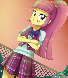 Size: 850x976 | Tagged: safe, artist:the-butch-x, sour sweet, equestria girls, g4, my little pony equestria girls: friendship games, bowtie, clothes, crossed arms, crystal prep academy, crystal prep academy uniform, female, fence, freckles, pleated skirt, ponytail, school uniform, signature, skirt, solo, vest